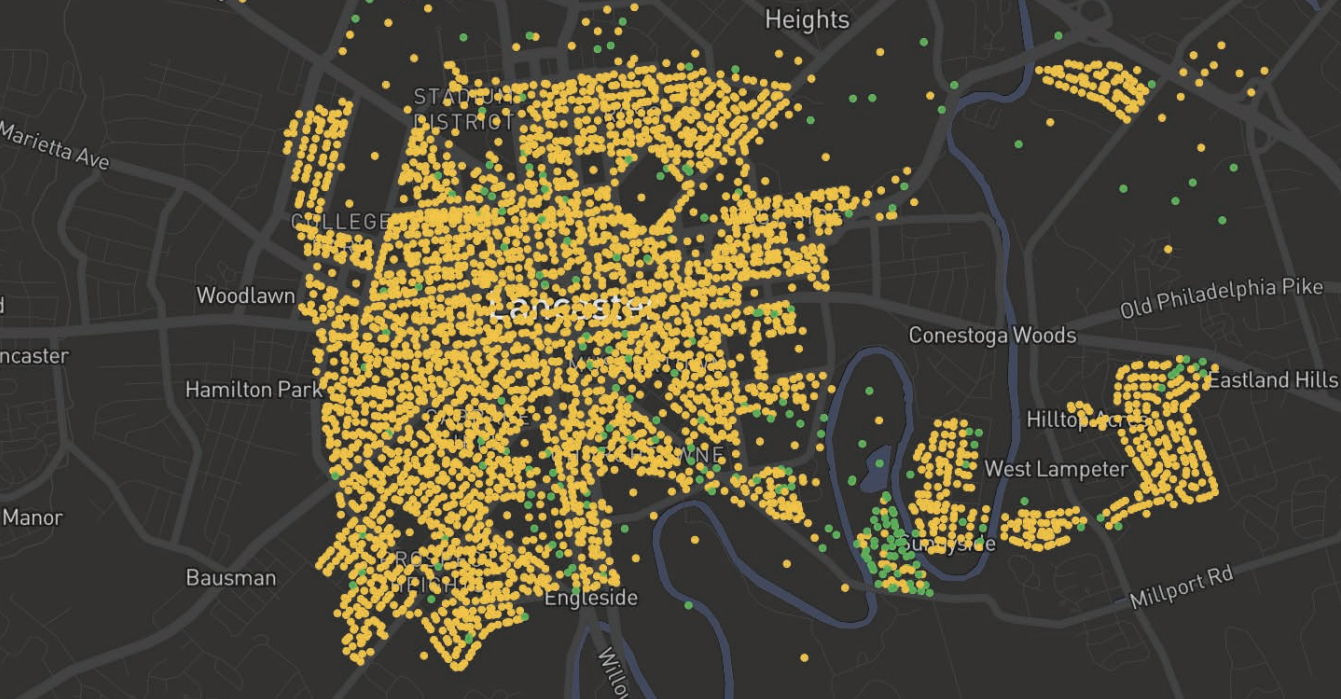 A street map of Lancaster shows yellow and green dots throughout neighborhoods.