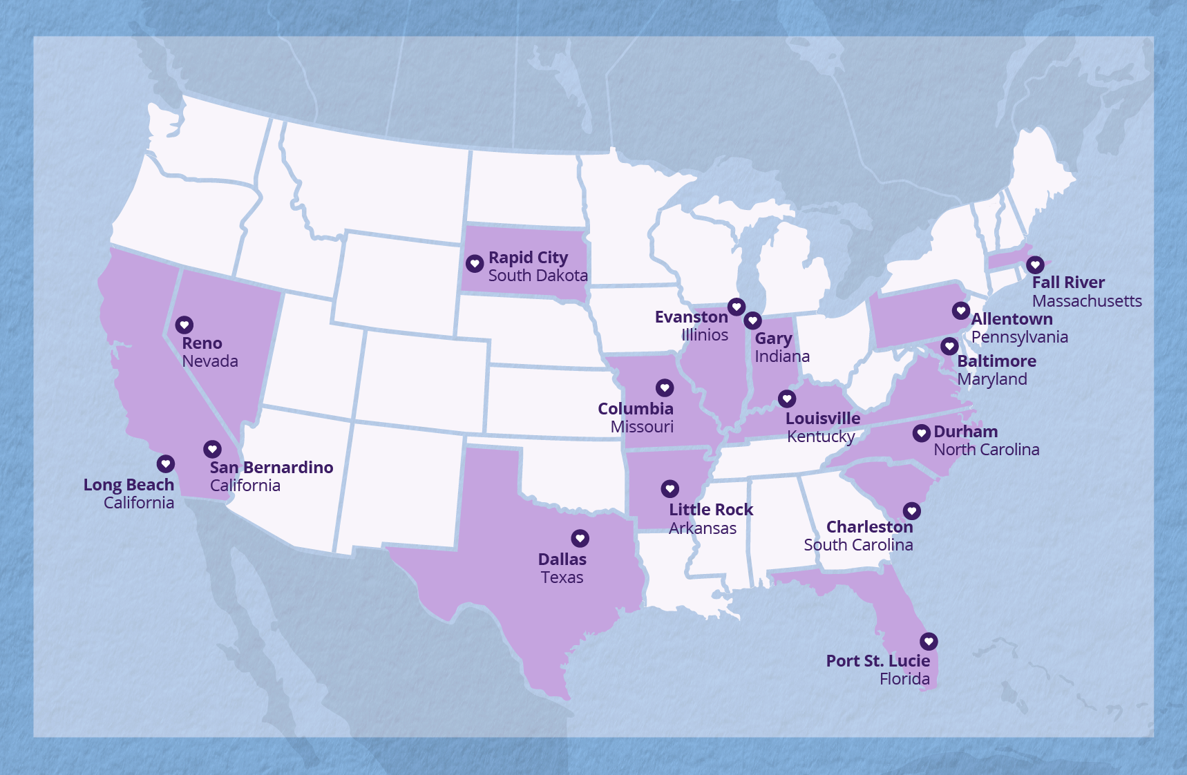Love Your Block 2024-2026 Cities A map of the continential United States with markers indicating the 16 Love Your Block 2024-2026 cities.
