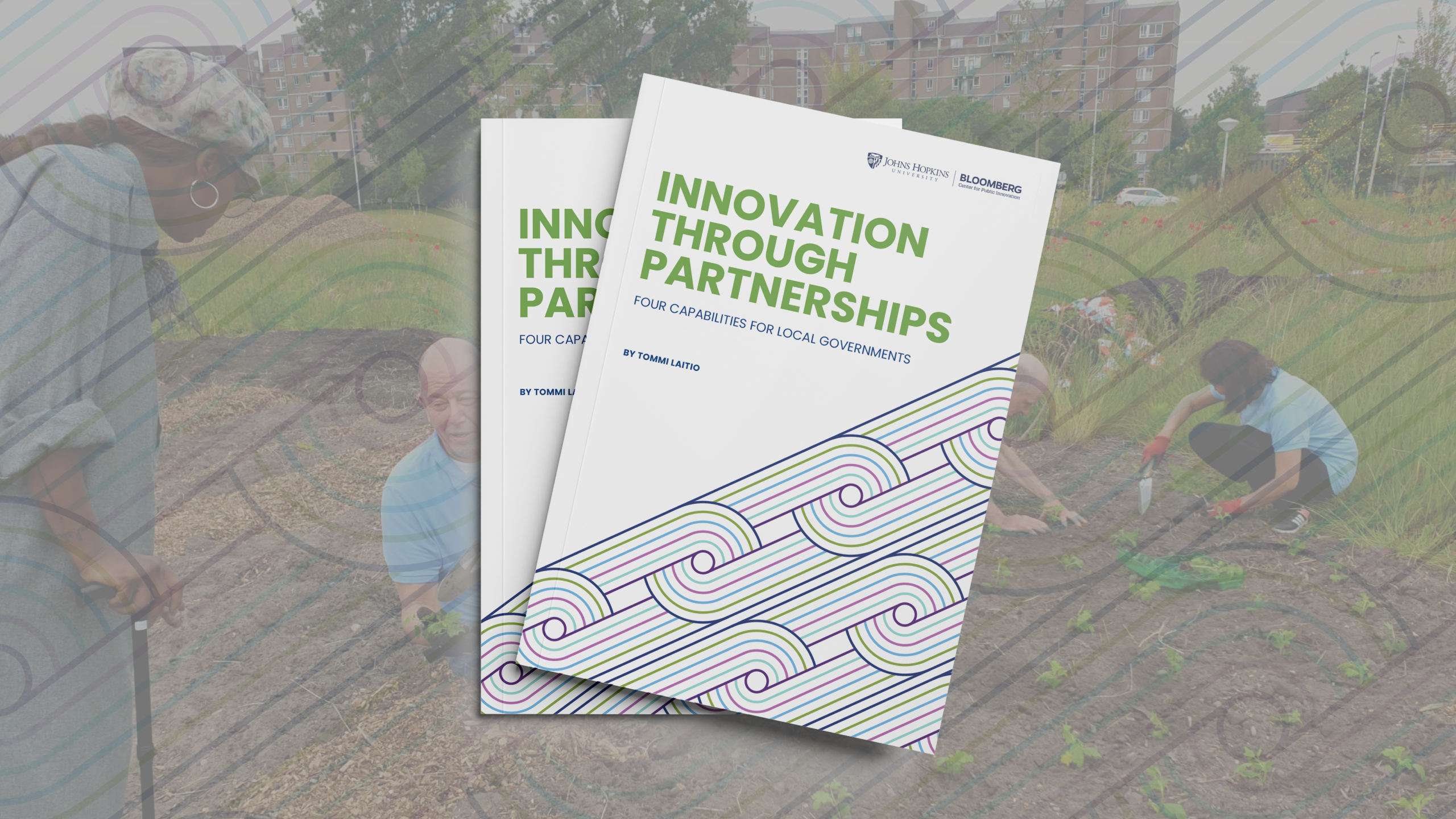 Innovation Through Partnerships: Four Capabilities for Local Governments in foreground with decorative multicolored swirls in the background.
