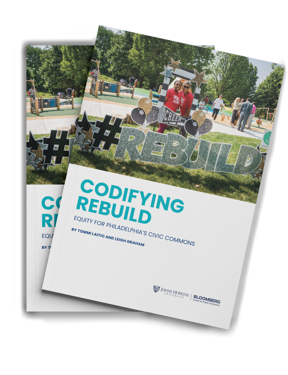 Two-cover mockup of Codifying Rebuild: Equity for Philadelphia's Civic Commons