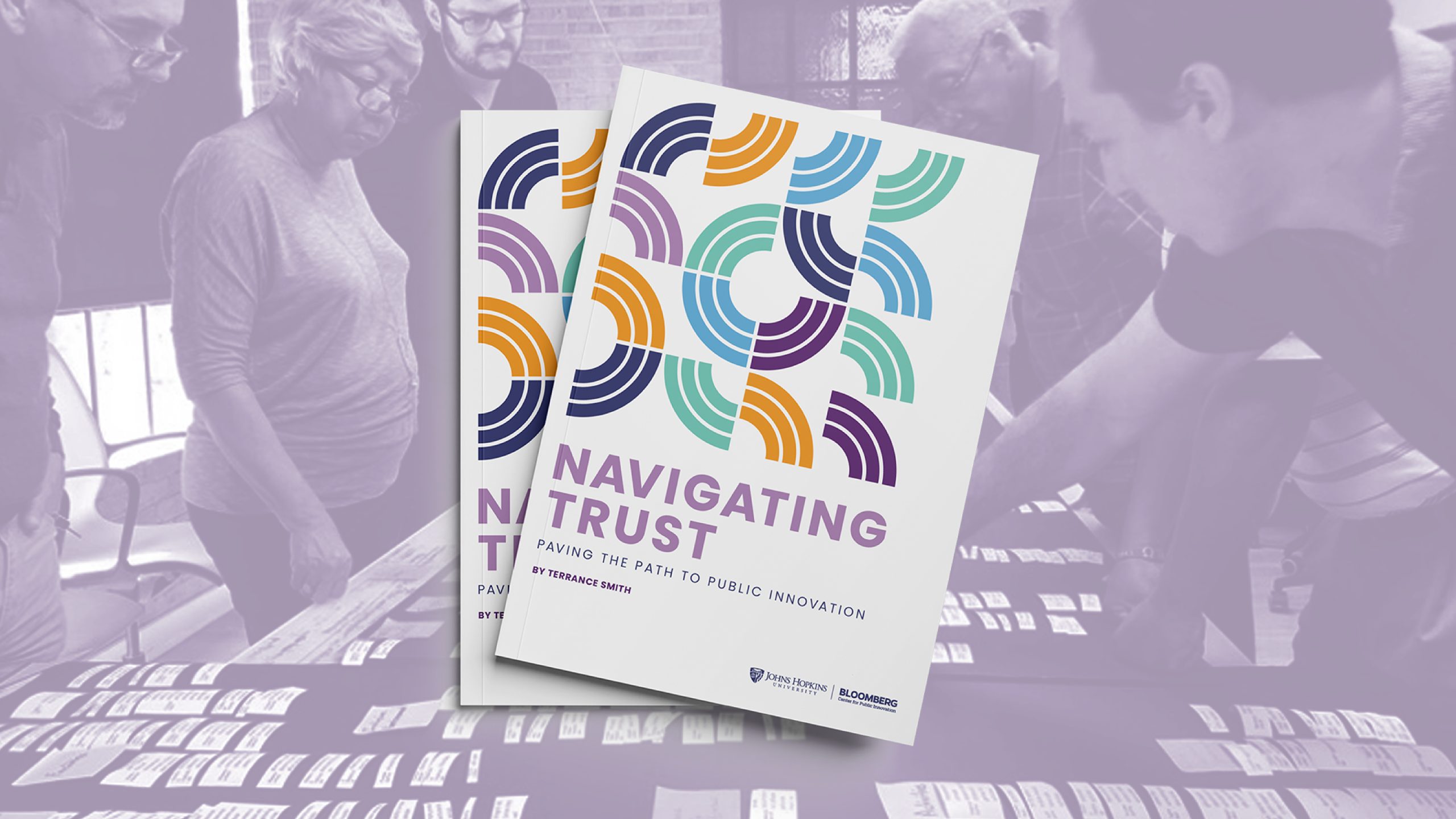 Navigating Trust: Paving the Path to Public Innovation' research brief cover design overlayed on an image of a community input session.