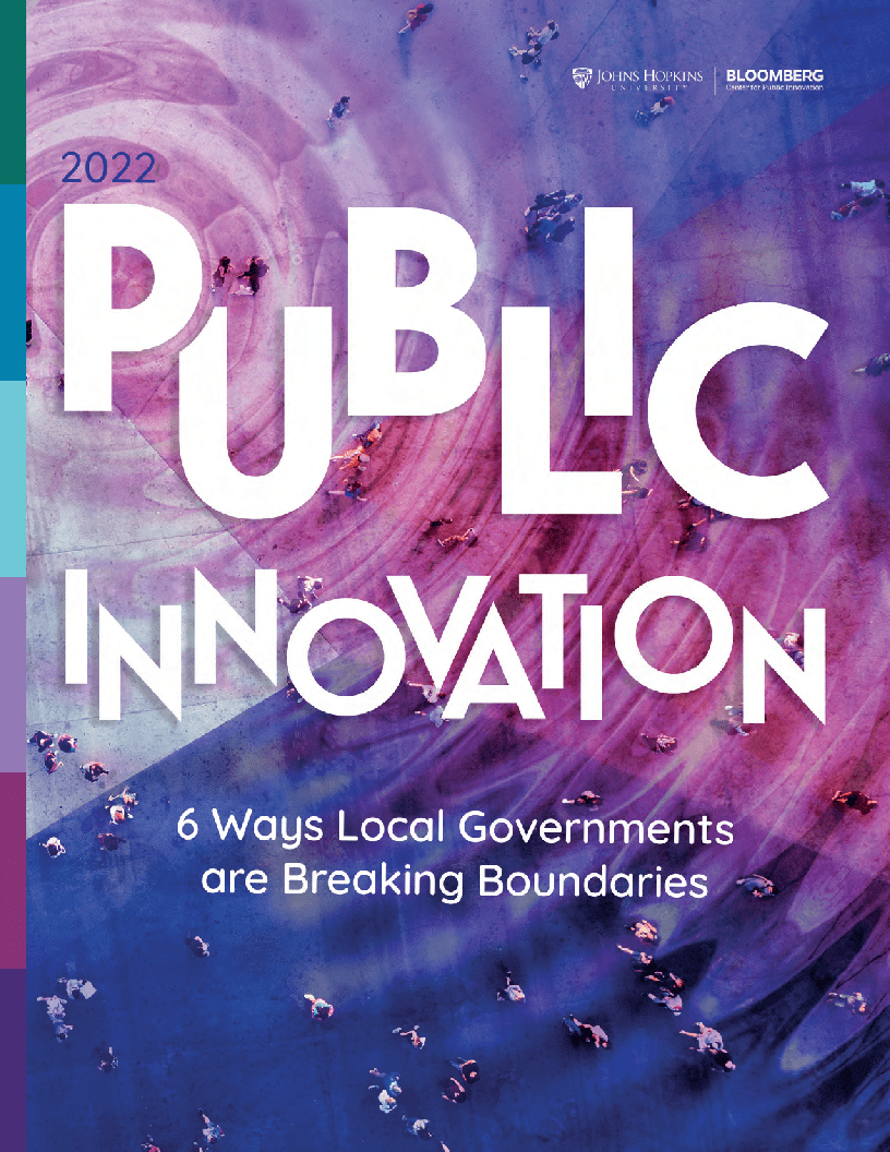 Public Innovation: 6 ways local governments are breaking boundaries Pink and purple book cover with text reading 2022 Public Innovation: 6 ways local governments are breaking boundaries
