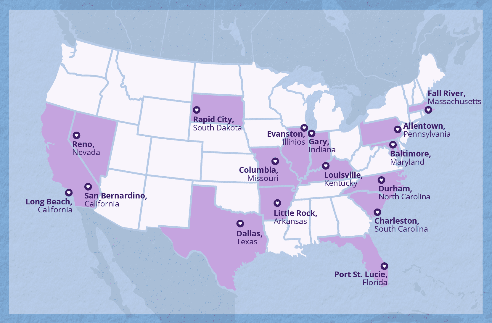 clickable image post Map of continental United States with several states colored in purple and icons designating the 2024-2026 Love Your Block cities.