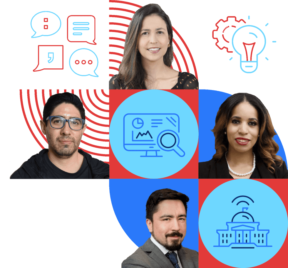 Public Innovators Network Graphic featuring four diverse professionals, each positioned in front of a background containing different digital and communication-related icons.