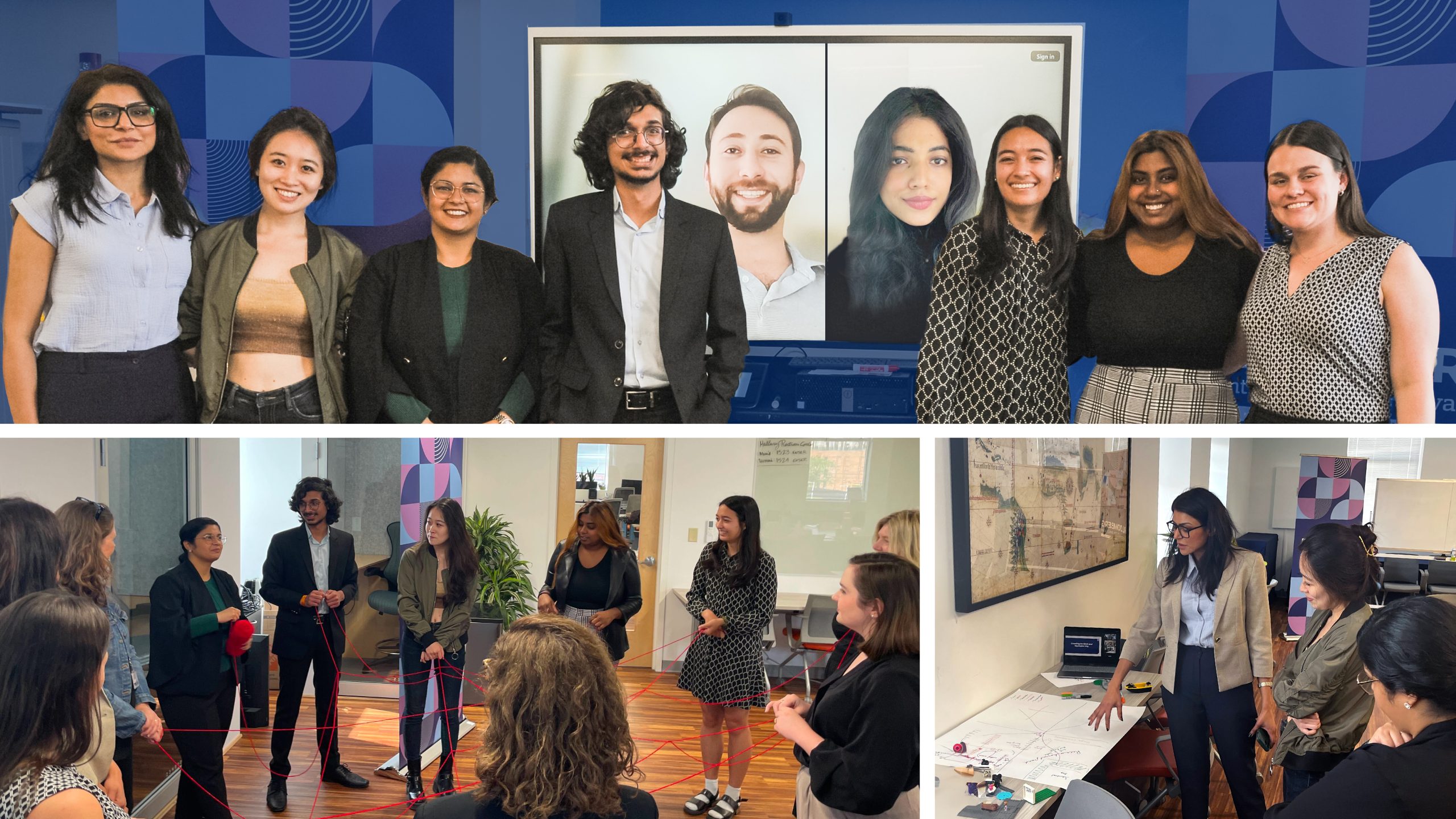 Photo collage of the 2024 BCPI summer scholars cohort of graduate students engaging in discussion and team activities in an office setting.