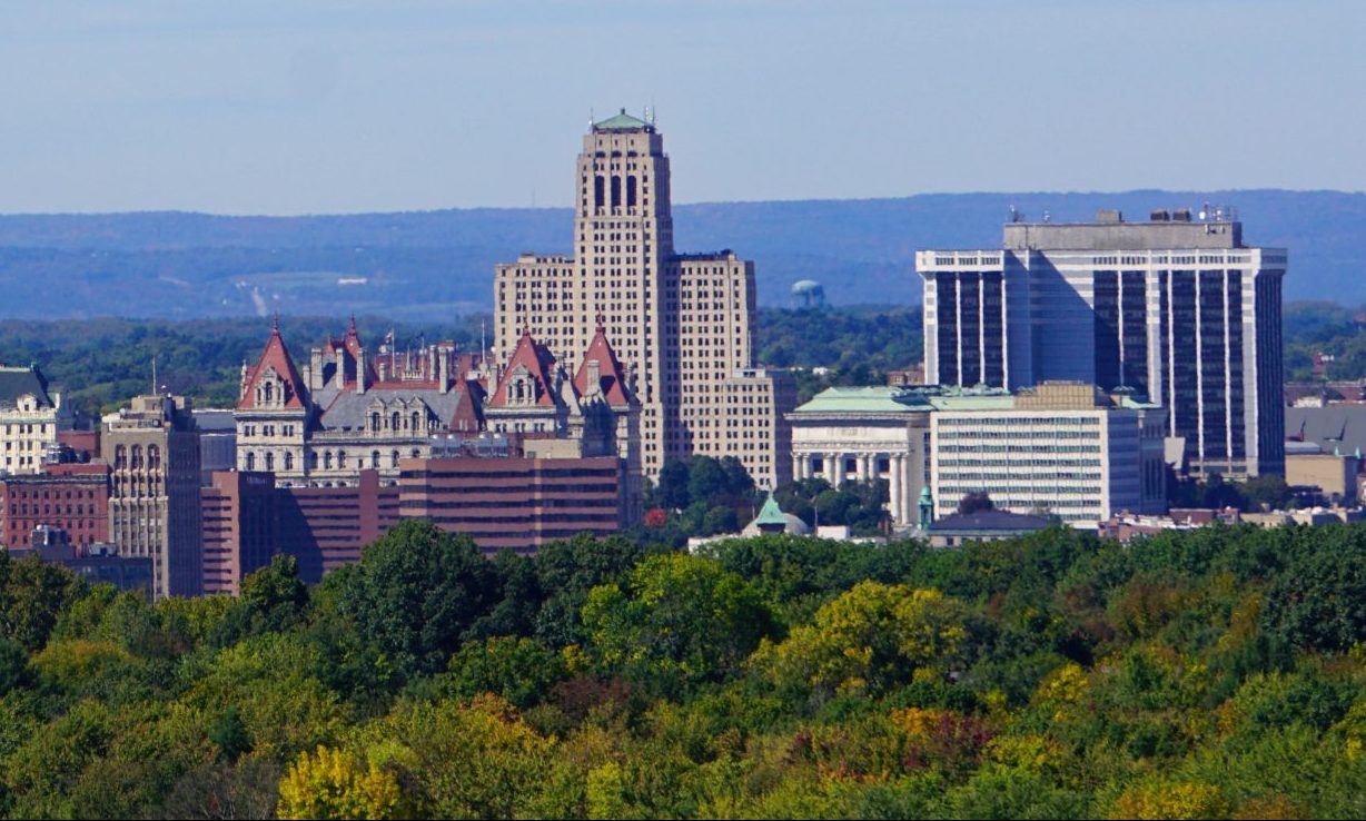 Albany, New York A panoramic view of Albany, featuring the New York State Capitol and the Agency Buildings, against a backdrop of greenery and a clear sky.