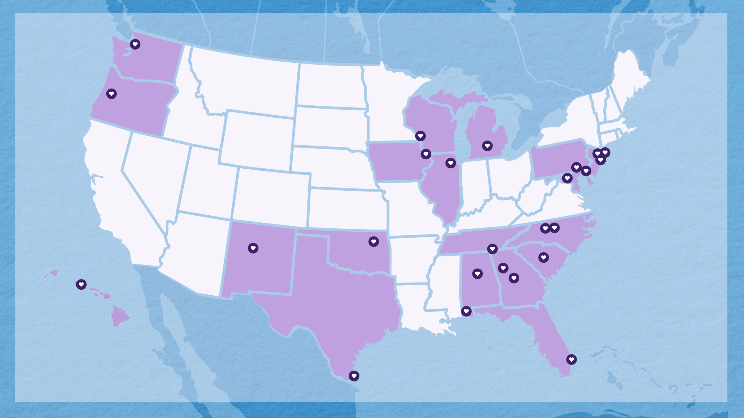 Map of the United States with the 25 cities in the 2026-2028 cohort of Love Your Block cities.